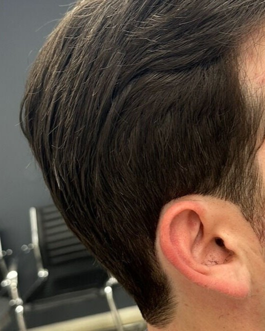 Zijaanzicht van een knipbeurt met bijgewerkte baard